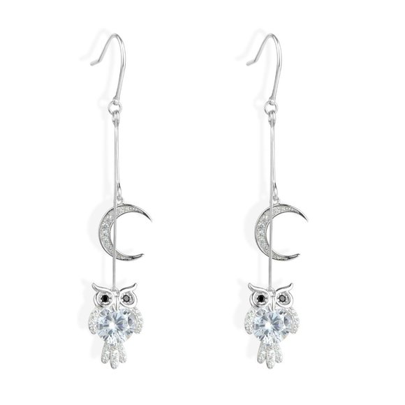 Crescent Moon and Owl Long Dangle Hook Earrings - Picture 1 of 3